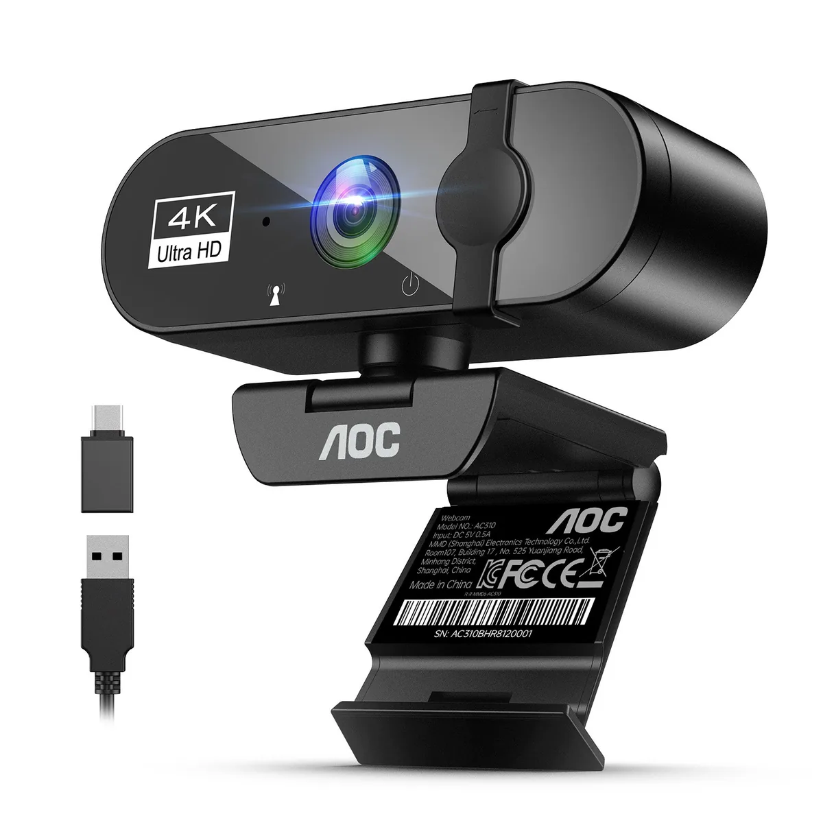 쿠팡 AOC 4K UHD 웹캠 노이즈캔슬링 마이크 내장, 블랙, AC310