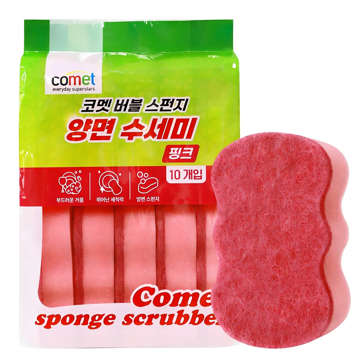 쿠팡 코멧 양면 무흠집 버블 스펀지 수세미 핑크