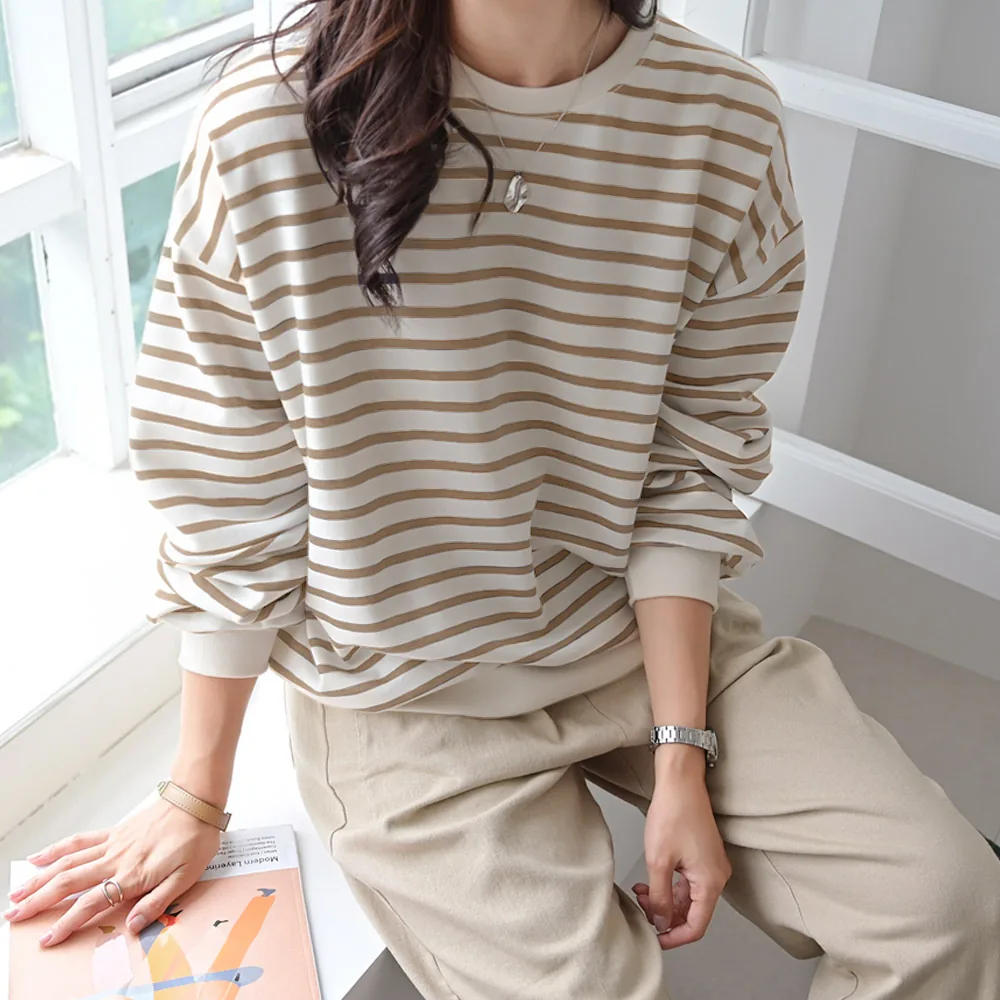 쿠팡 데일리앤 원트 여성 루즈핏 긴팔 스트라이프 맨투맨 티셔츠