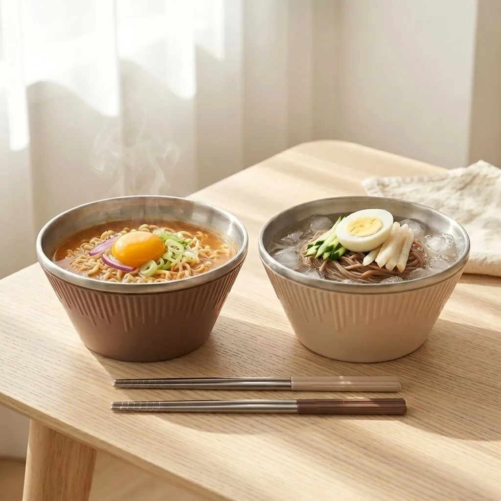 쿠팡 이중단열 유워닛 스텐 면기 라면기 냉면기 젓가락 세트 4p 브라운+베이지