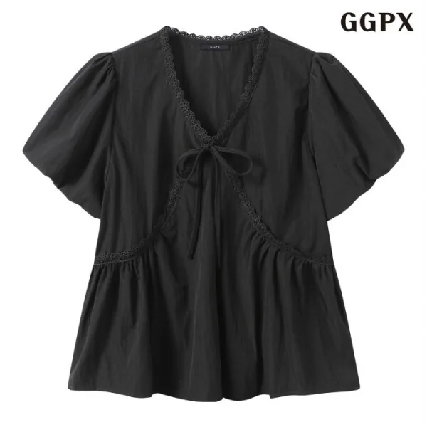 쿠팡 GGPX 리본 포인트 브이넥 벌룬 반팔 블라우스 GQBBA003D