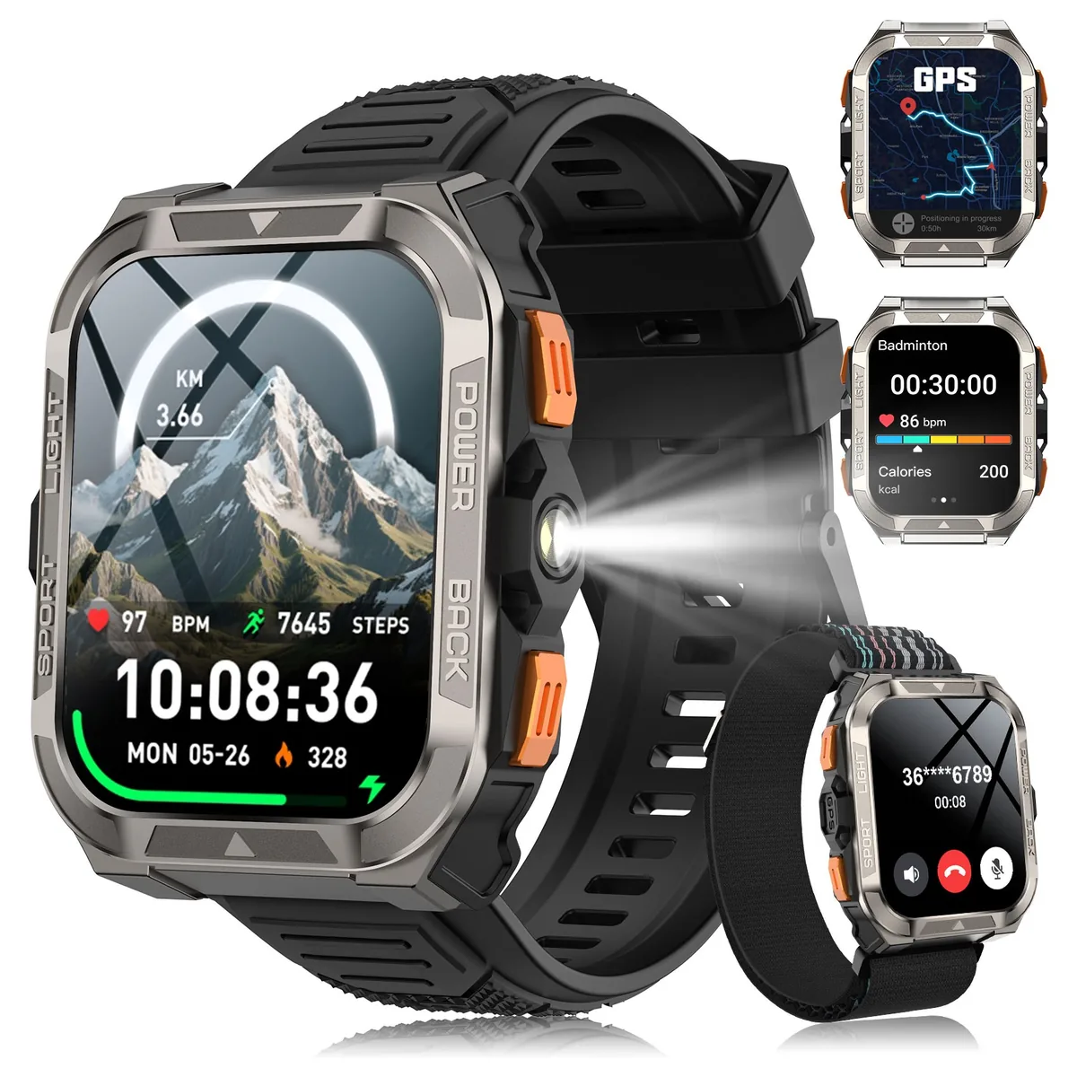 쿠팡 IOWODO W80 Pro 아웃도어 스마트워치 1.91" 터치 스크린 GPS 나침반 통화 메시지 알림 LED 손전등 블루투스 IP68 방수 검은색