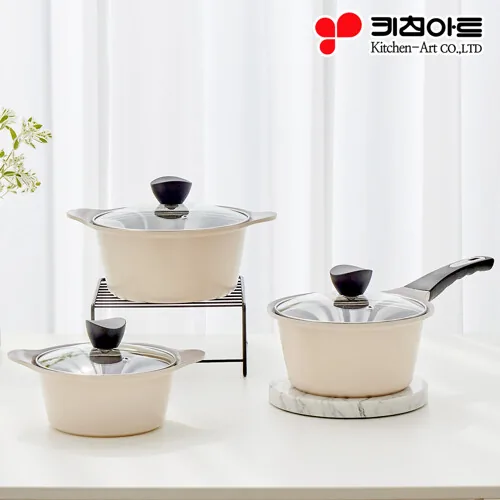 쿠팡 키친아트 줄리엣 세라믹코팅 냄비 세트 3개 베이지 양수냄비16cm 편수냄비18cm 양수냄비20cm