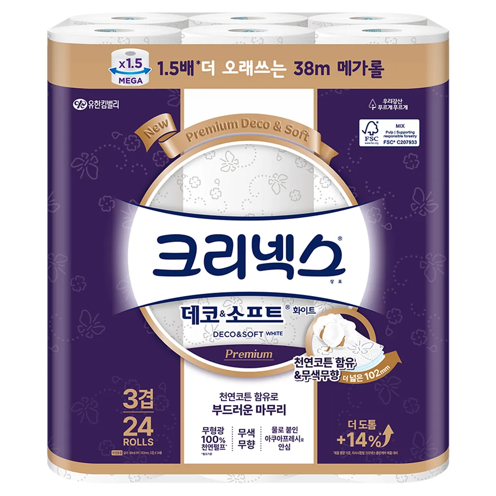 쿠팡 크리넥스 데코 앤 소프트 화이트 천연펄프 3겹 고급롤화장지 38m 24개입
