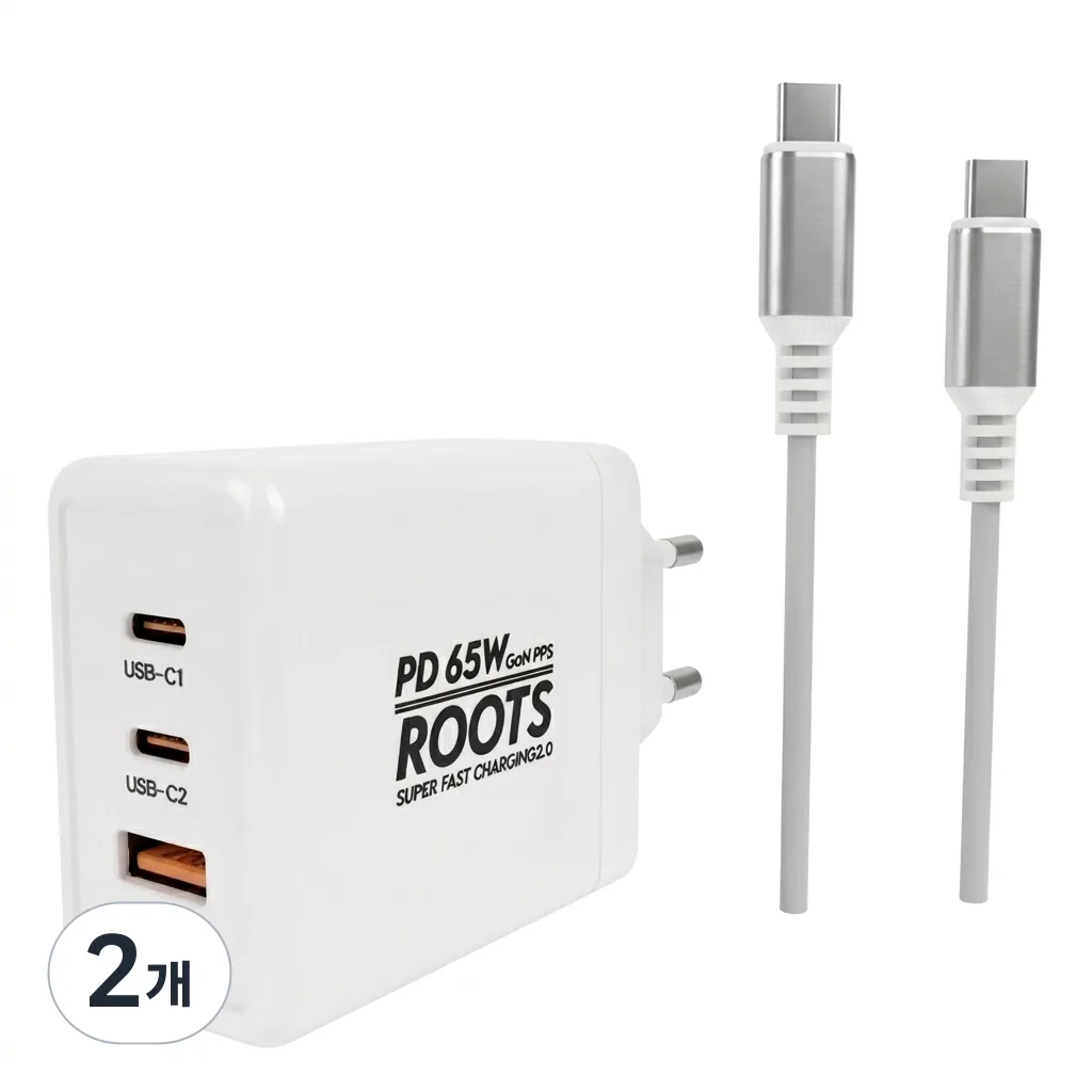 쿠팡 루츠 초고속 멀티 충전기 C타입 3포트 PD 65W PPS + C to C 100W 5A E Marker 1.5M 케이블포함 화이트 2개