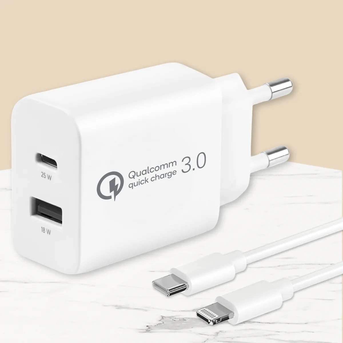 쿠팡 모잇 퀄컴 공식인증 QC 3.0 PD25W 2포트 PPS 초고속충전기 + 8핀 라이트닝 아이폰 케이블