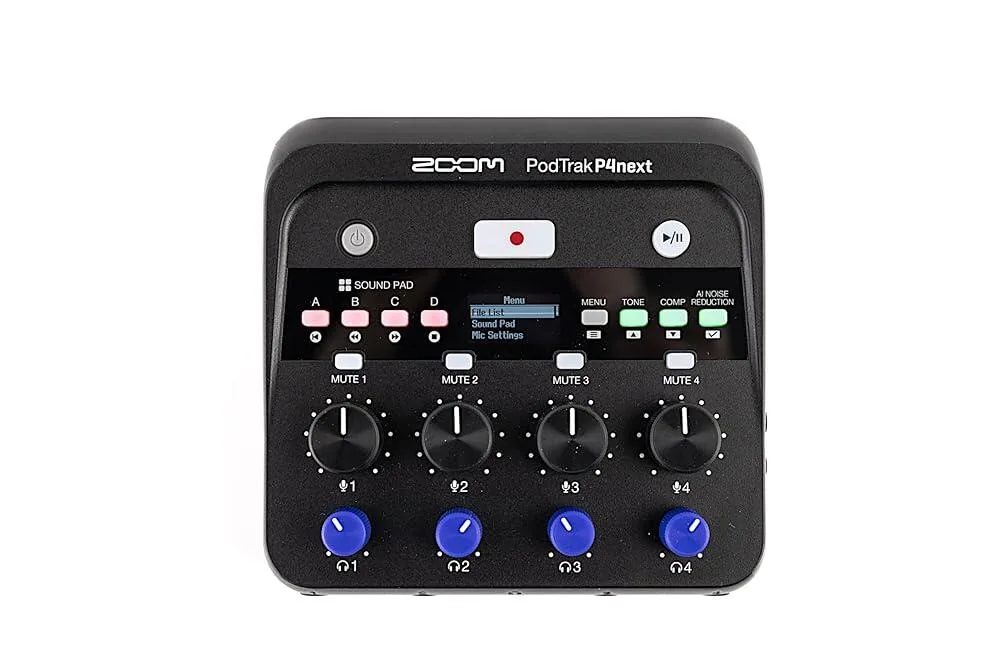 쿠팡 Zoom PodTrak P4next 팟캐스트 레코더 마이크 입력 4개 헤드폰 출력 4개 배터리 전원 AI 소음 감소