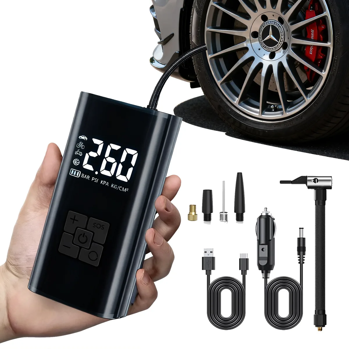 쿠팡 타이어 공기압 주입기 휴대용 무선 올인원 세트 6000mAh 타이어 압력 모니터링/led손전등/보조배터리/자동차 농구공 자전거 오토바이 다용도에어펌프