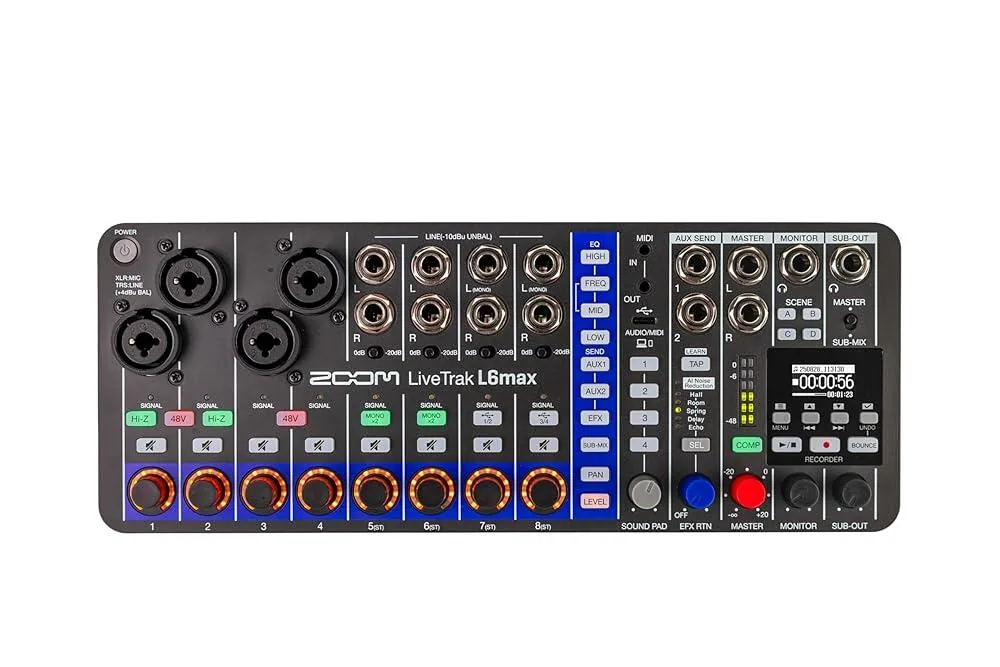 쿠팡 Zoom LiveTrak L6max 디지털 믹서 및 레코더 12채널 32비트 플로트 배터리 전원 콤보 입력 4개 스테레오 입력 8개 MIDI 이펙트 사운드 패드