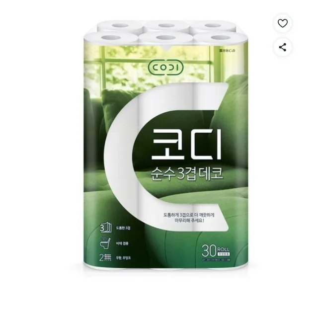 쿠팡 코디 순수3겹데코 두루마리휴지 30M 30롤 3개