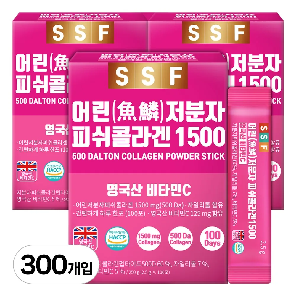 쿠팡 순수식품 저분자 피쉬 콜라겐 1500mg 스틱 3박스(300포) 비타민C