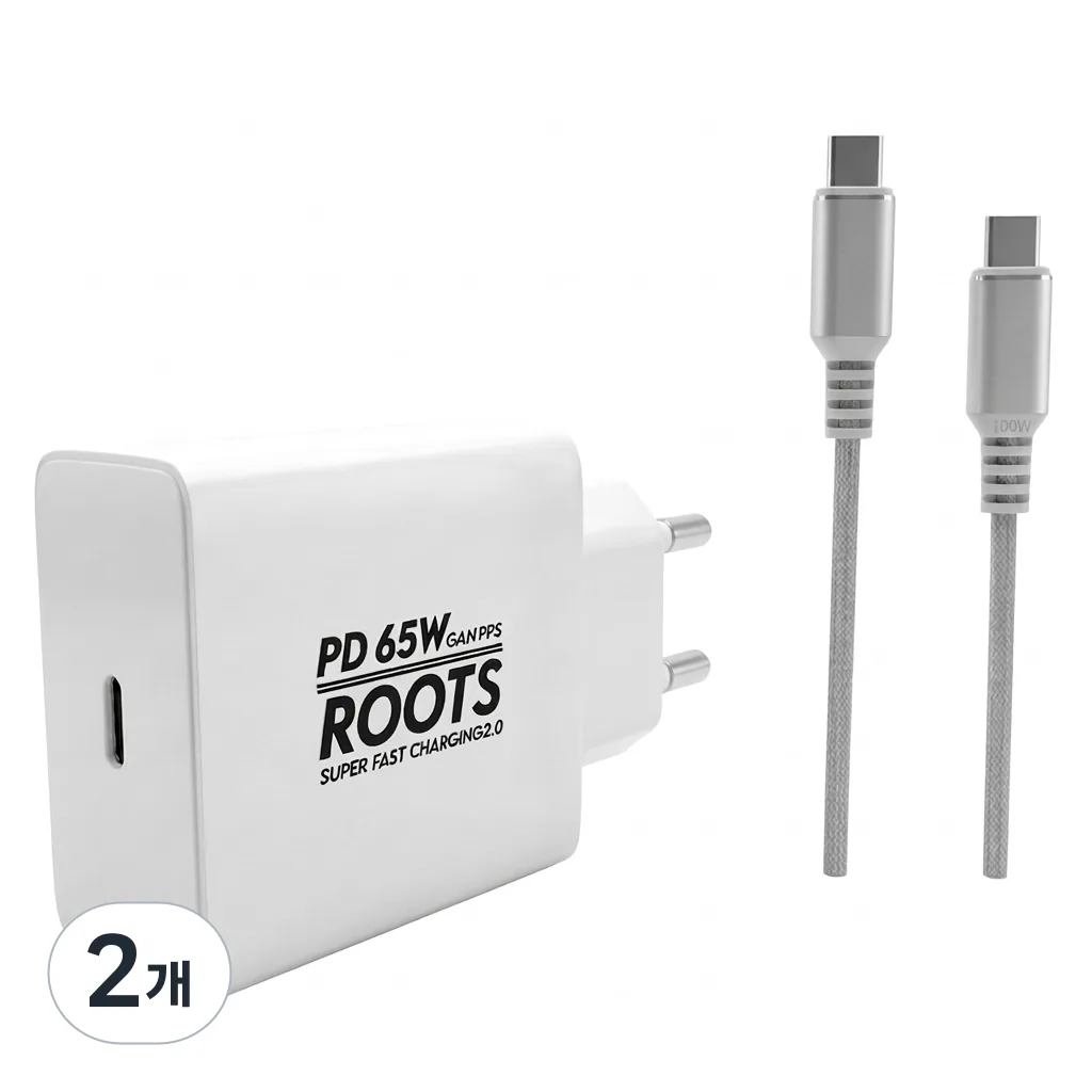 쿠팡 루츠 65W GaN PD PPS C타입 초고속 충전기 + C to C 100W 5A 케이블 1.5M 화이트 2개