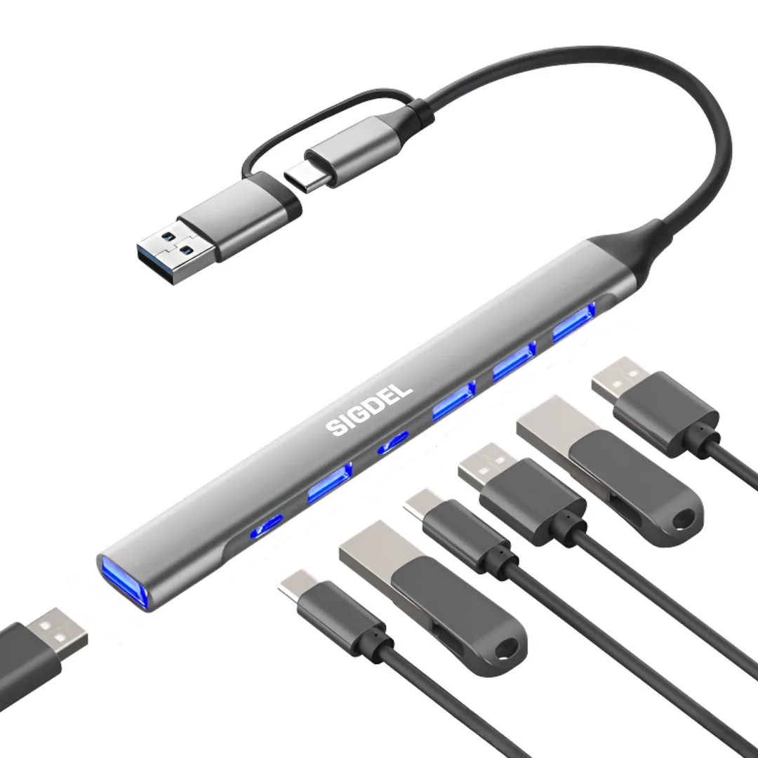 쿠팡 시그델 슬림형 7in1 USB 3.0 C타입 겸용 멀티 허브 7포트 USB*5 C타입*2 UH-06 메탈실버