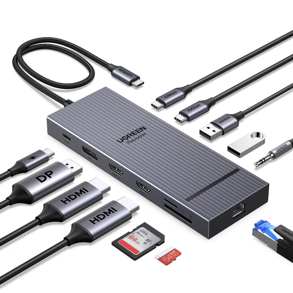쿠팡 UGREEN Revodok 12포트 USB3.2 C타입 멀티허브 삼성덱스 맥북 호환 트리플 모니터 확장 4K120Hz 10Gbps SD카드 리더기 기가비트 PD100W Grey