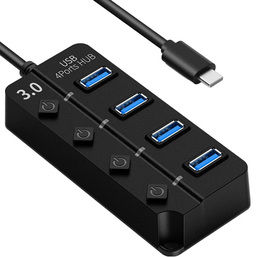 쿠팡 구스페리 USB 3.0 C타입 개별스위치 4포트 멀티허브 1m, 블랙, 1개