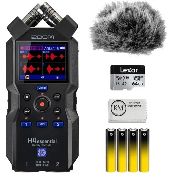 쿠팡 Zoom H4essential 4-Track 32비트 플로트 휴대용 오디오 레코더 32GB 마이크로 SD 카드 + 윈드 스크린 + AA 배터리 번들